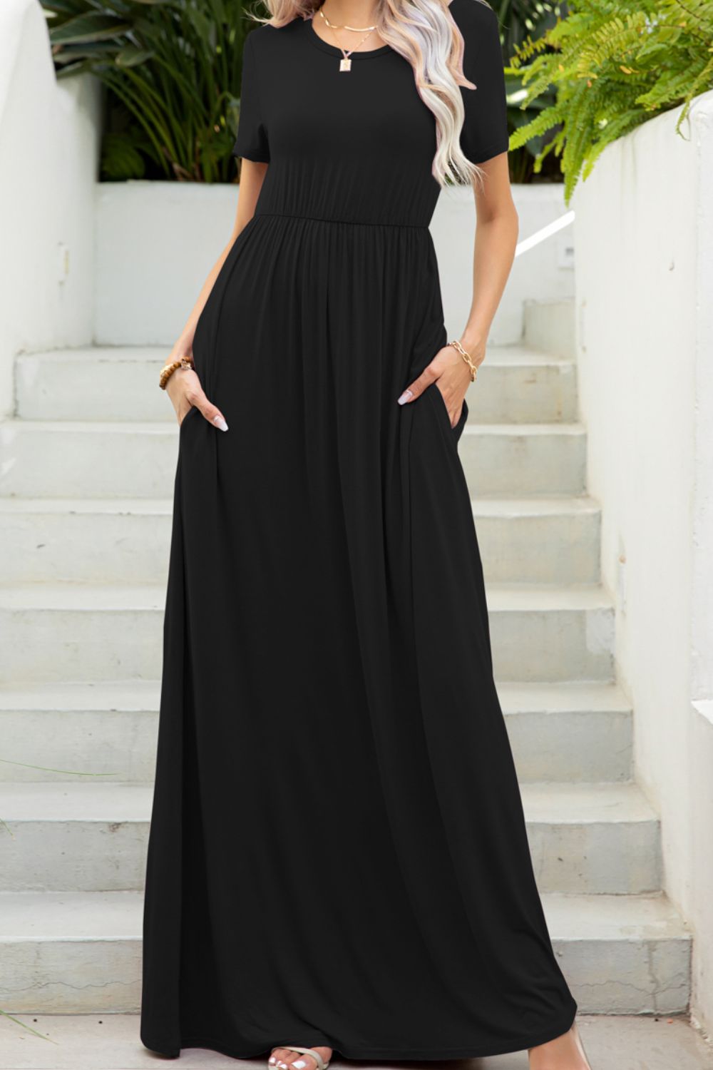 Round Neck Maxi Tee Dress with Pockets - felvior