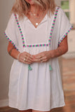 Tassel Tie Neck Short Sleeve Blouse - felvior