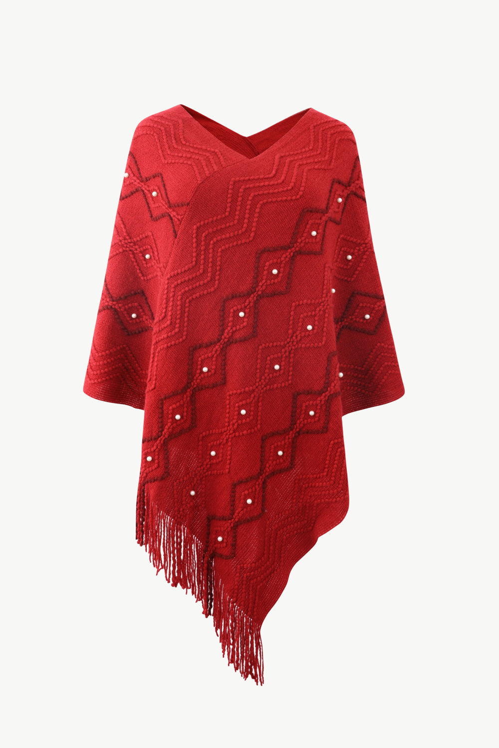 Pearl Trim V-Neck Fringe Hem Poncho - felvior