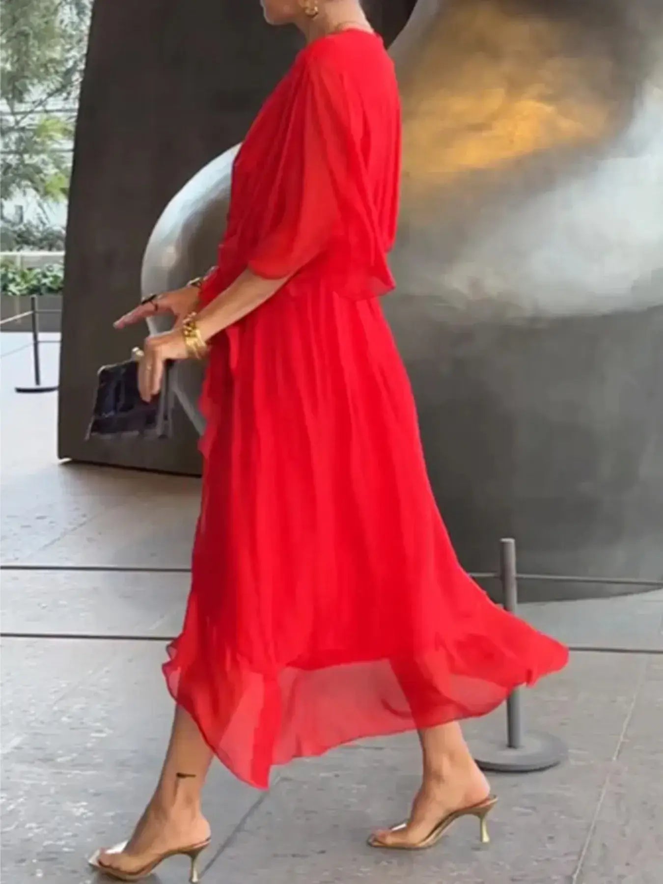 Full Size Flowy Tie Front Midi Dress with Flutter Sleeves Plus Size