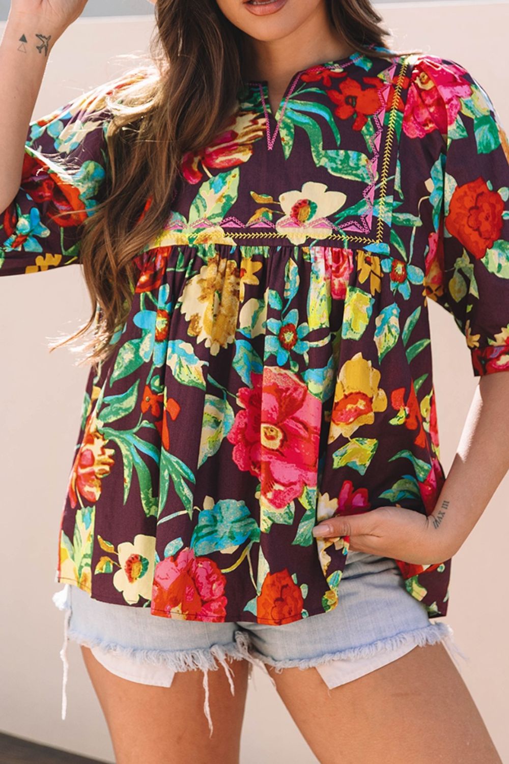 Flower Embroidered Trim Half Sleeve Blouse - felvior