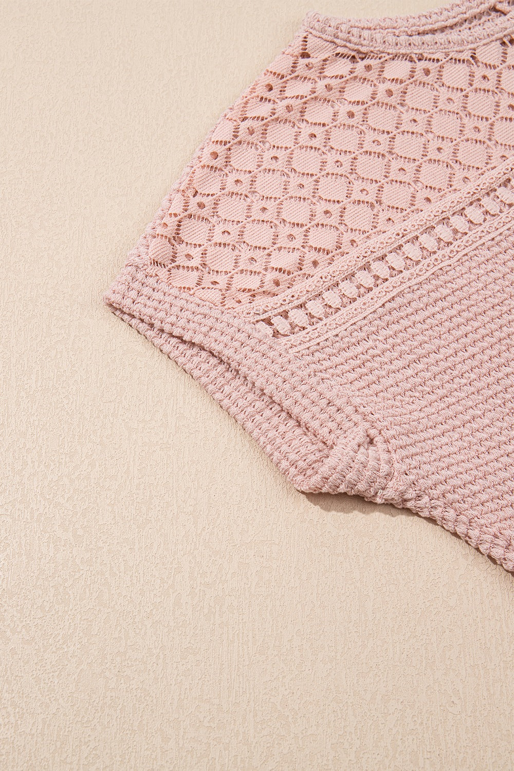 Lace Patchwork Waffle Short Sleeve Knit Top - felvior