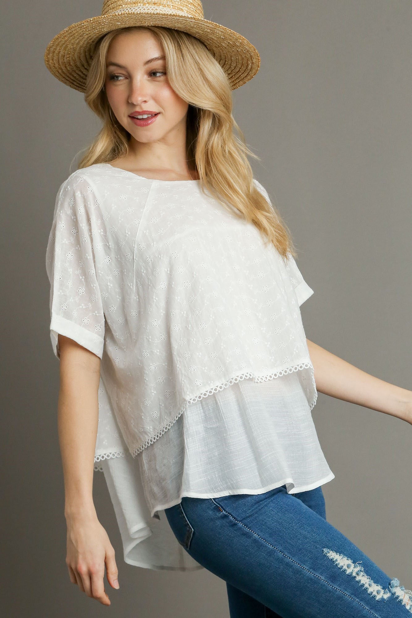 Umgee Full Size Eyelet Layered Short Sleeve Blouse Plus Size Main image