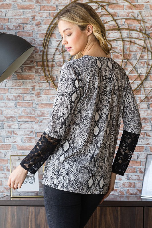 Heimish Full Size Snakeskin Print Round Neck Lace Contrast Top - felvior