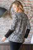 Heimish Full Size Snakeskin Print Round Neck Lace Contrast Top - felvior