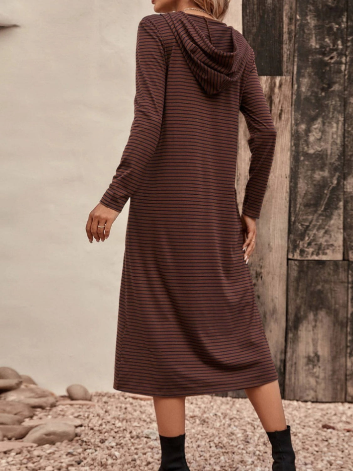 Striped Zip Front Hooded Dress - felvior