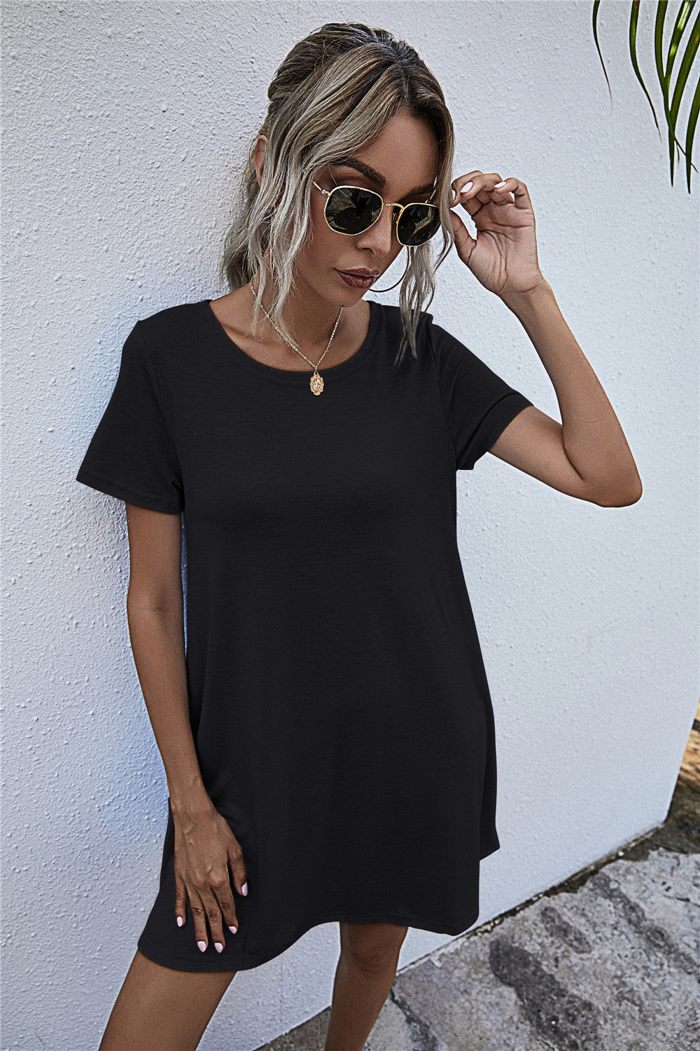 Round Neck Short Sleeve Mini Dress - felvior