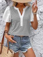 Striped Notched Short Sleeve T-Shirt