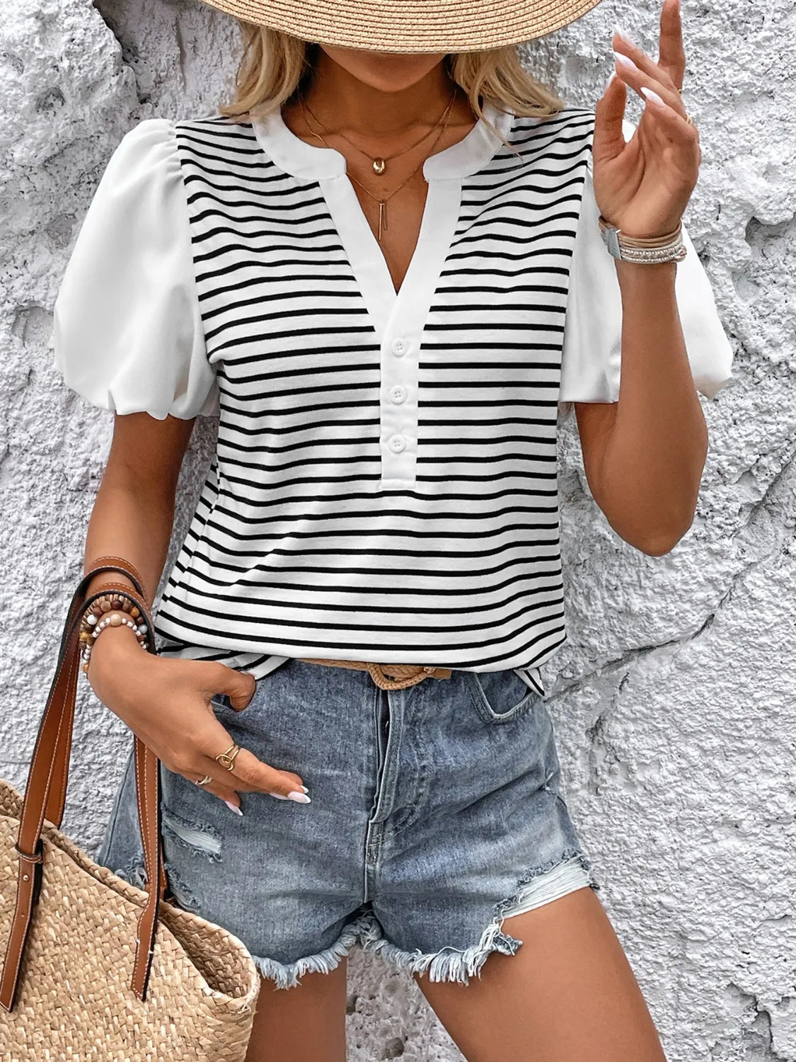 Striped Notched Short Sleeve T-Shirt