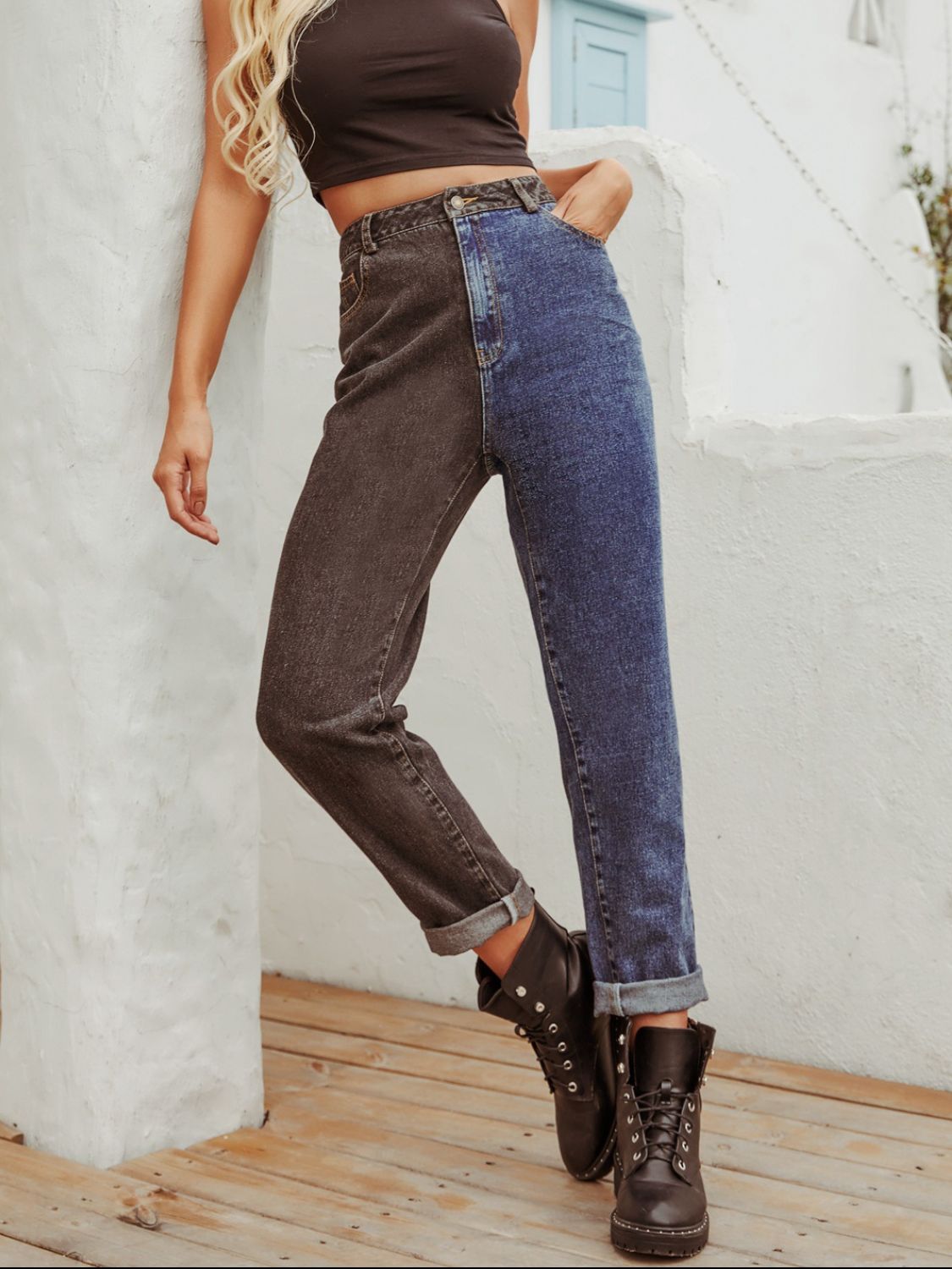 Two Tone Straight Leg Jeans - felvior