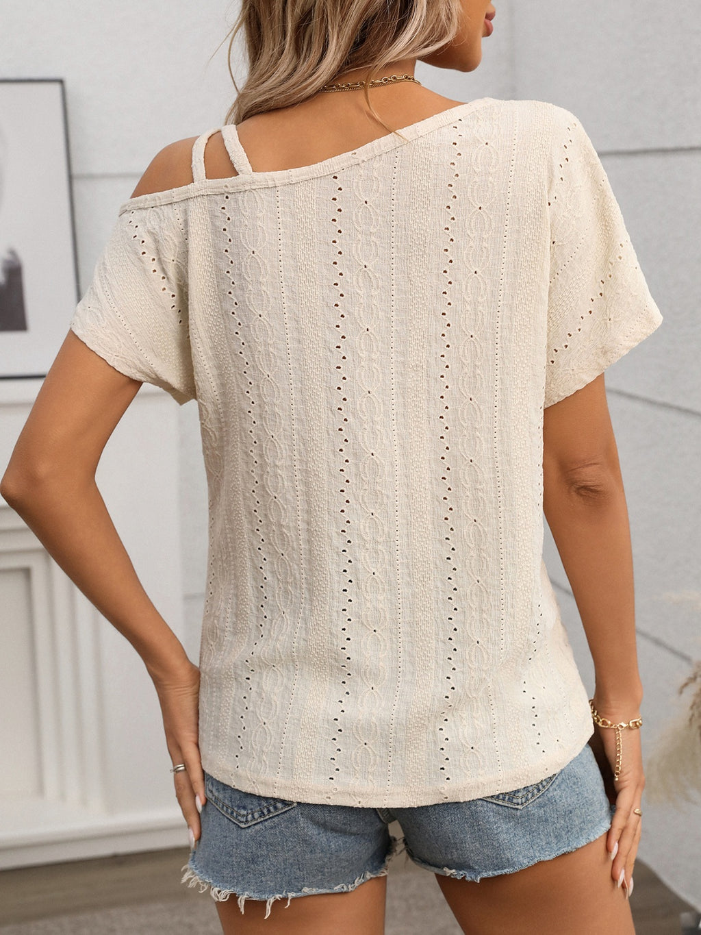 Eyelet Asymmetrical Shoulder Short Sleeve T-Shirt