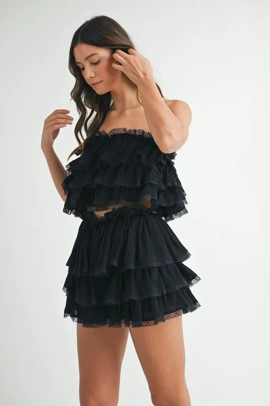 MABLE Ruffle Layered Crop Top and Mini Skirt Set - felvior