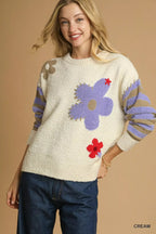 Umgee Flower Jacquard Striped Long Sleeve Sweater