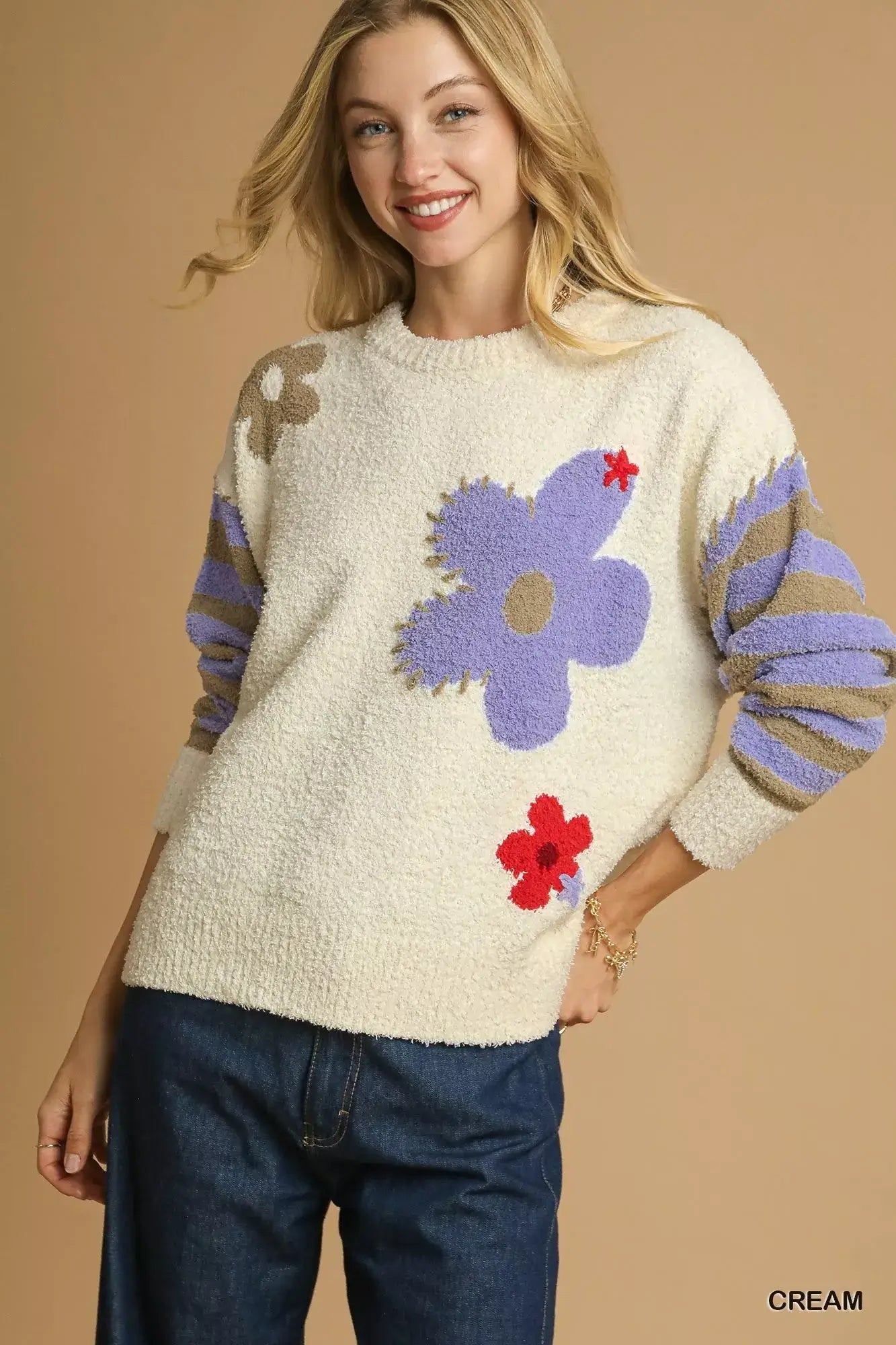 Umgee Flower Jacquard Striped Long Sleeve Sweater