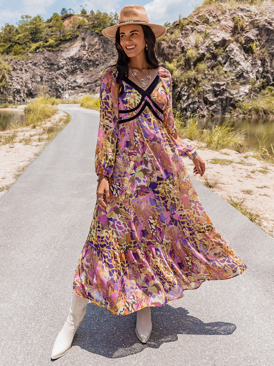 Printed V-Neck Long Sleeve Dress - felvior