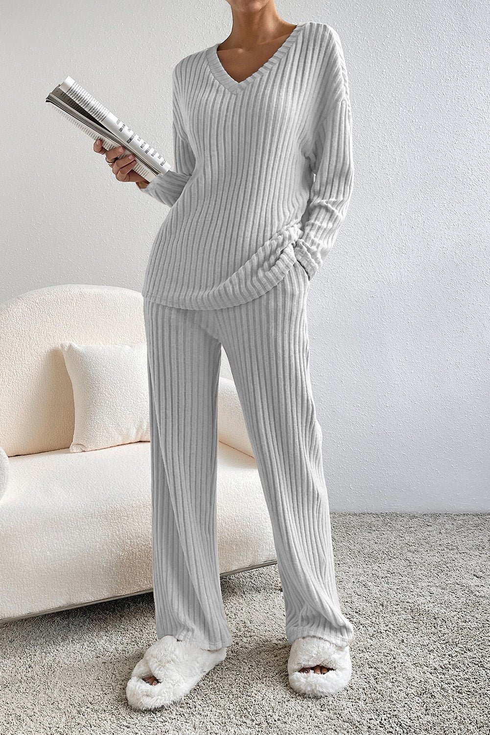Ribbed V-Neck Top and Pants Lounge Set - felvior