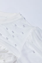 Pearl Decor Mesh Patchwork Ribbed Long Sleeve Top