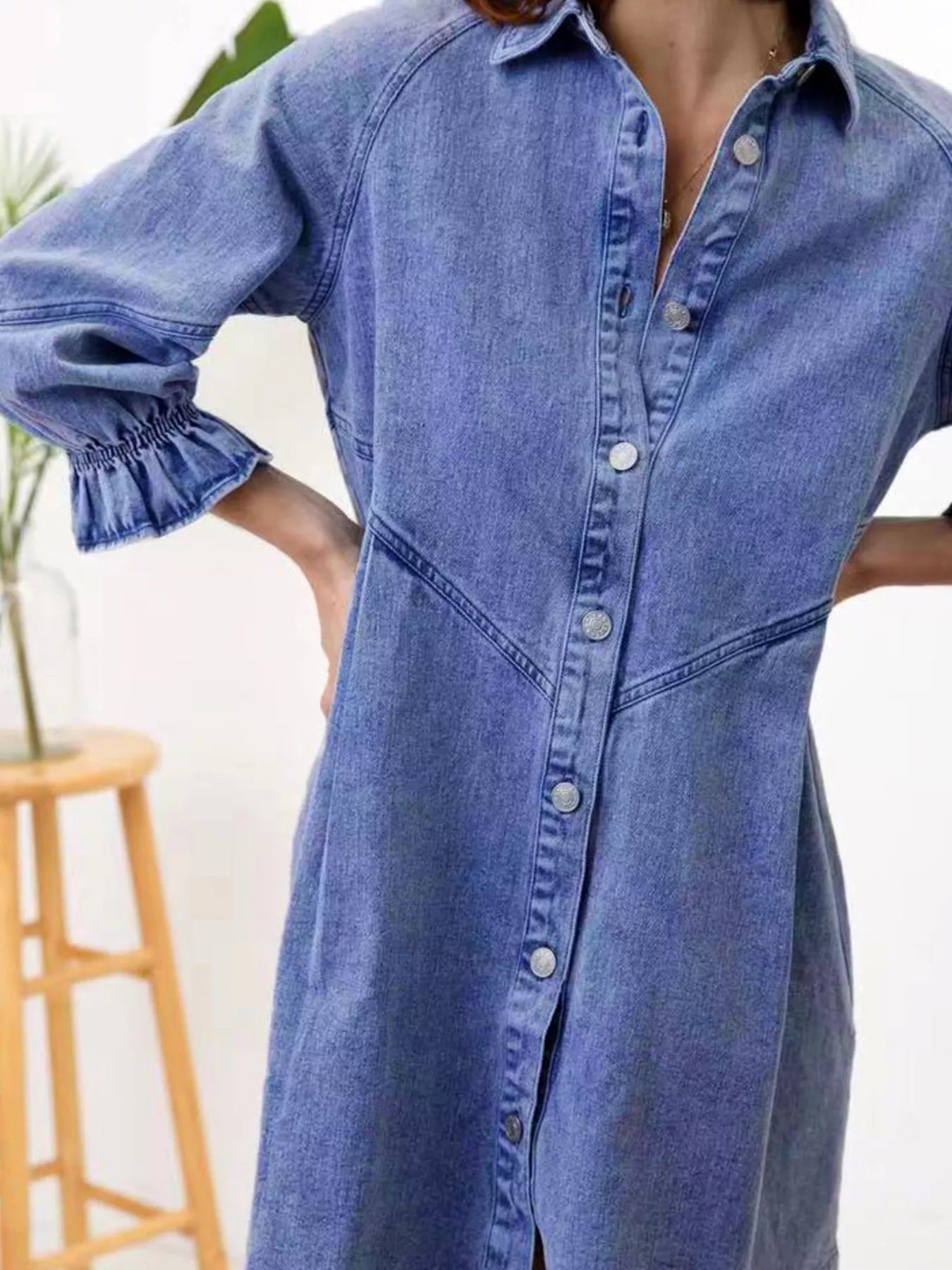 Ruffled Cuff Button-Down Denim Dress Secondary image