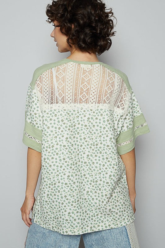 POL Number Floral Crochet Button Detail Half Sleeve Top - felvior