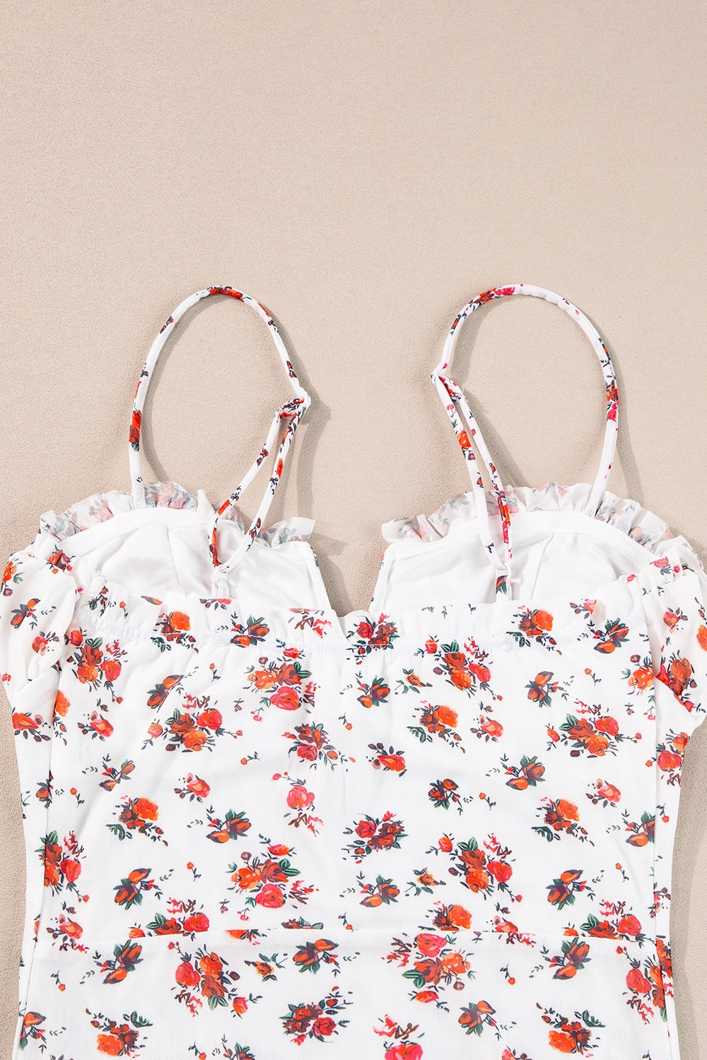 Floral Frilled Trim Spaghetti Straps Bodysuit - felvior