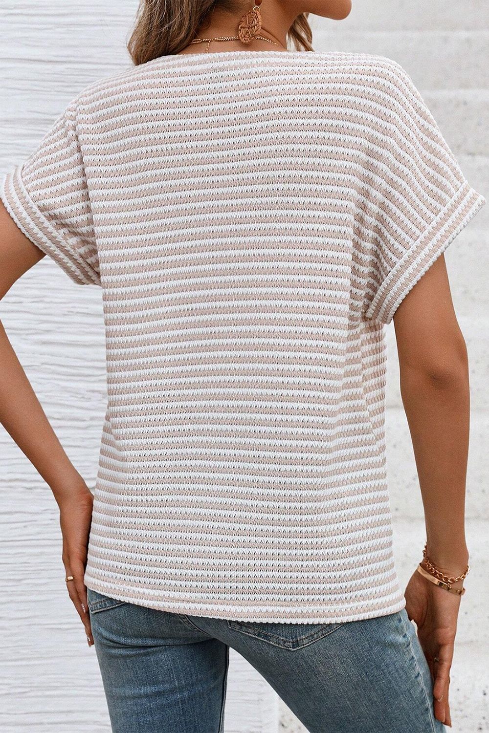 Stripe Buttoned Front V Neck T Shirt - felvior