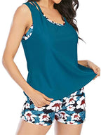 Cutout Printed Round Neck Three-Piece Swim Set