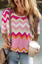 Stripe Chevron Openwork Round Neck Short Sleeve Knit Top