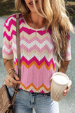 Stripe Chevron Openwork Round Neck Short Sleeve Knit Top - felvior