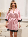 Tied Lace Detail Three-Quarter Sleeve Lounge Nightgown - felvior