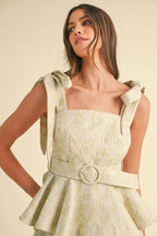 MABLE Jacquard Floral Peplum Top and Flare Shorts Set