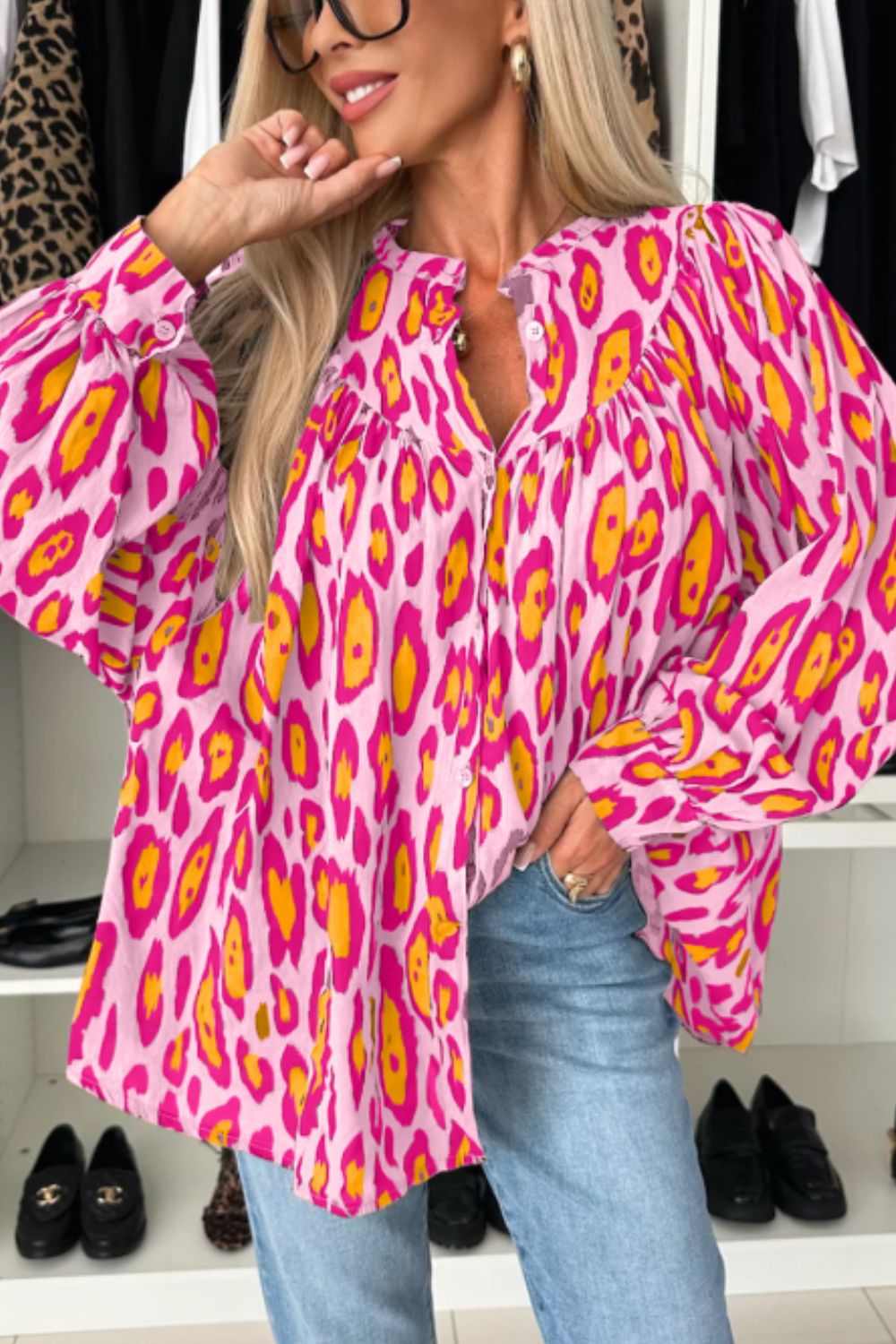 Leopard Print Button Down Long Sleeve Shirt - felvior