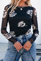 Floral Mesh Lettuce Edge Ruched Slim Long Sleeve Top