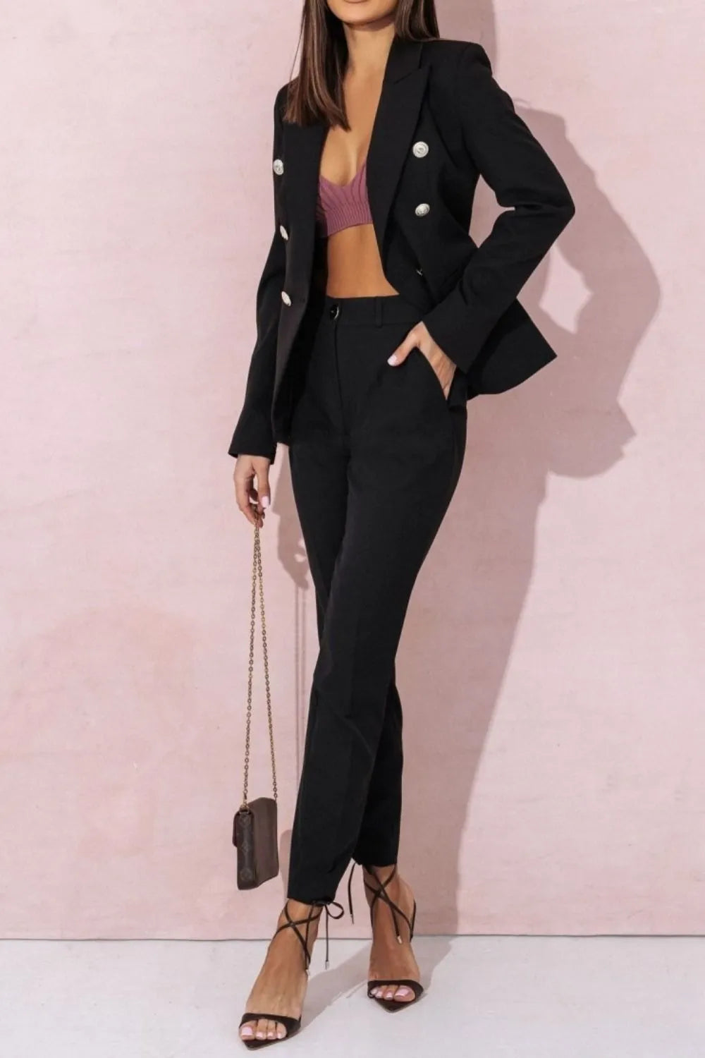 Full Size Lapel Collar Long Sleeve Blazer and Pants Set Plus Size - felvior