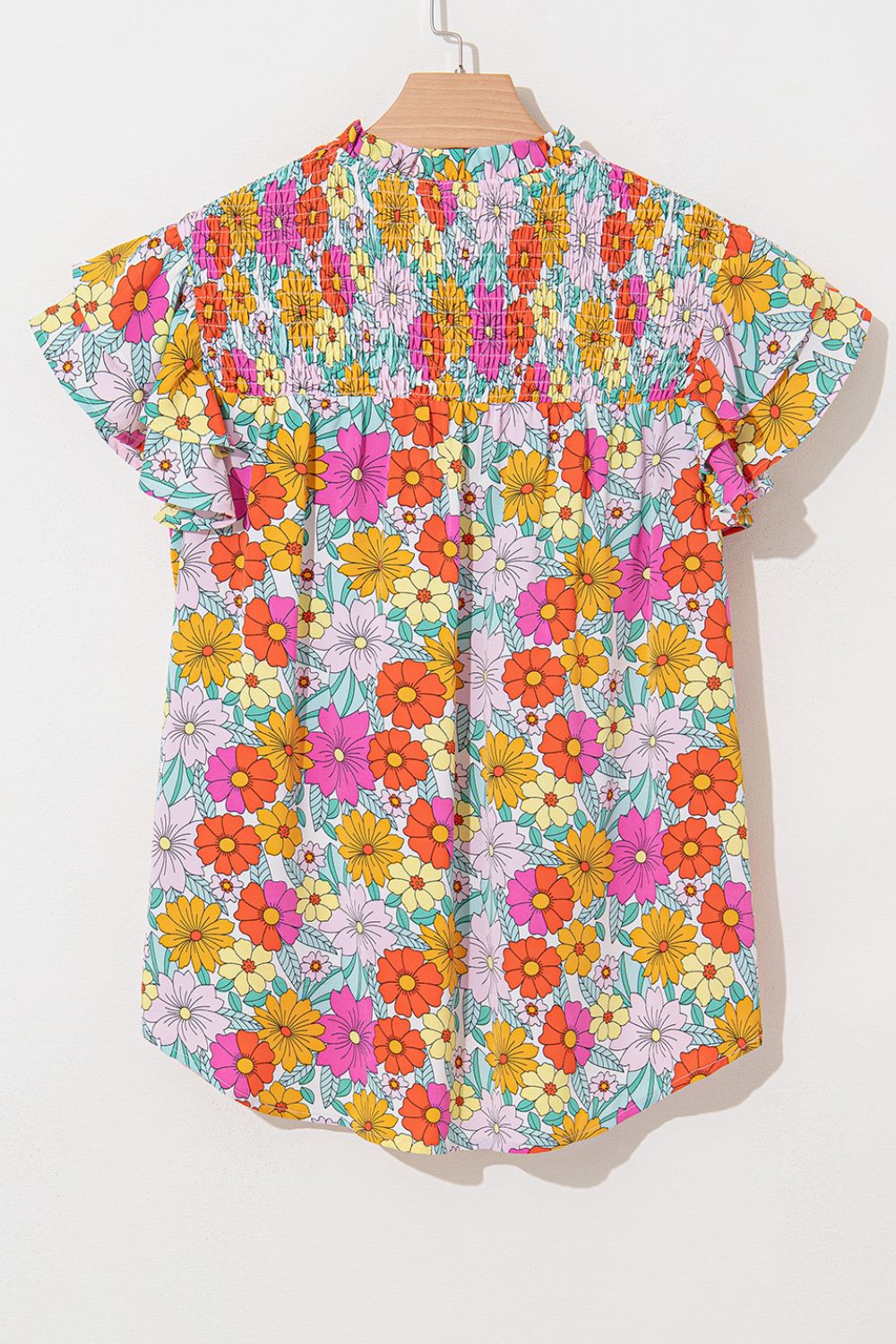 Floral Print Shirred Tiered Ruffled Sleeve Blouse