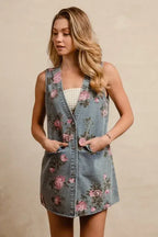 BiBi Floral Print Washed Denim Long Rider Vest