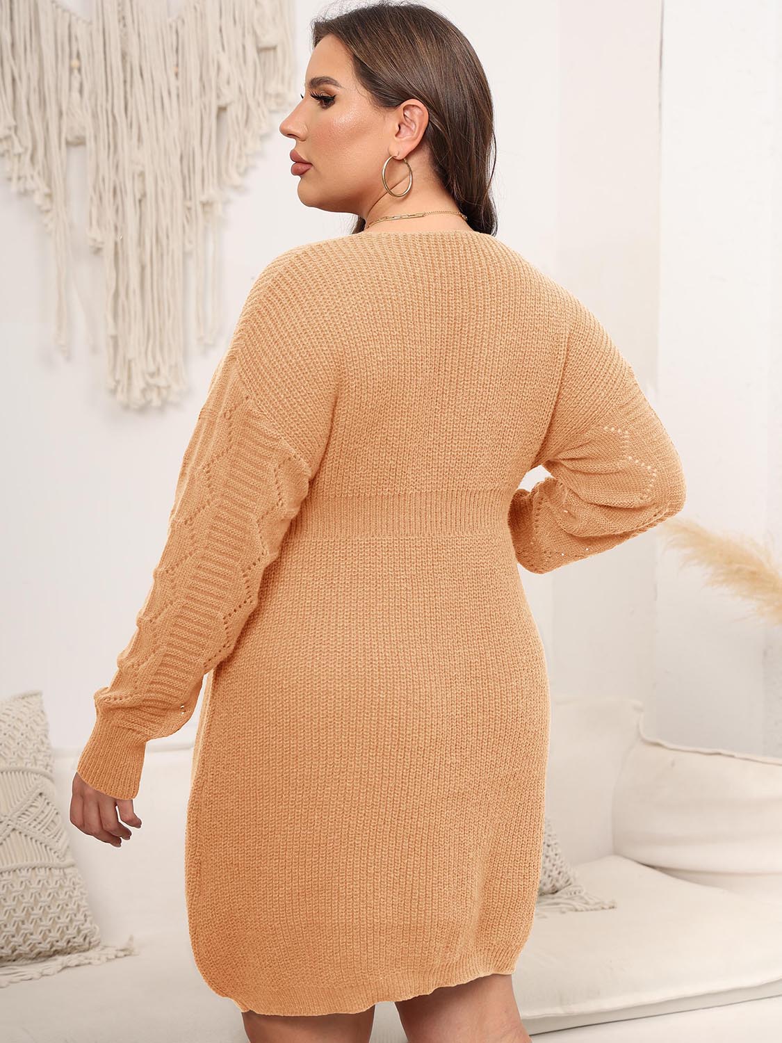 Plus Size Dropped Shoulder Long Sleeve Knit Mini Dress - felvior
