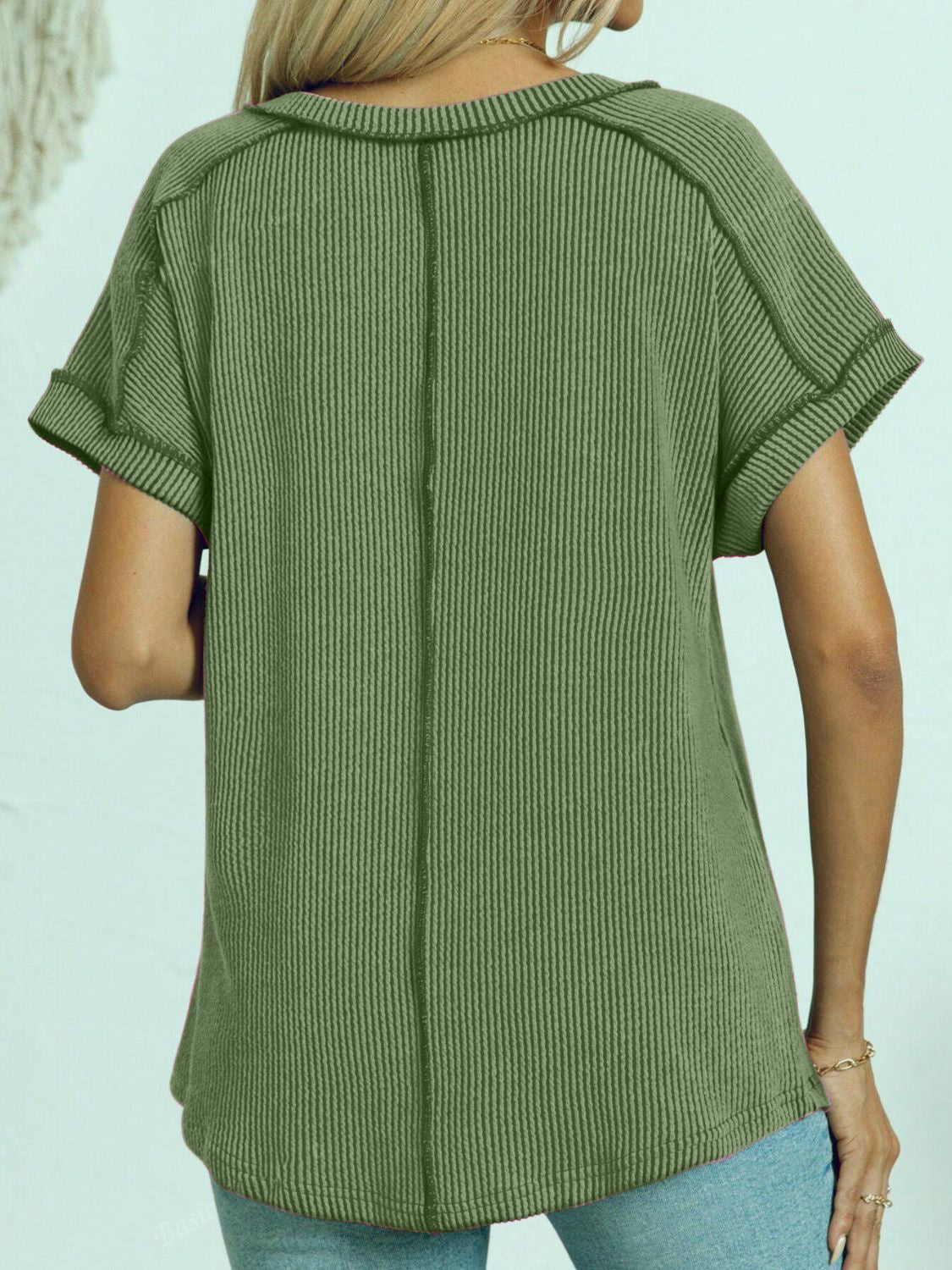 Exposed Seam V-Neck Short Sleeve Top - felvior
