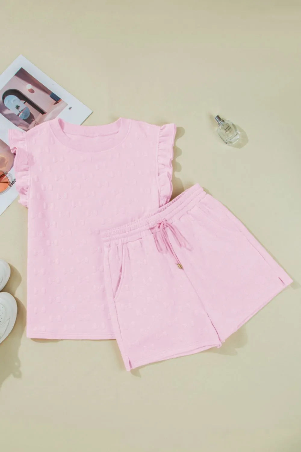 Bow Jacquard Ruffle Cap Sleeve Top and Shorts Set