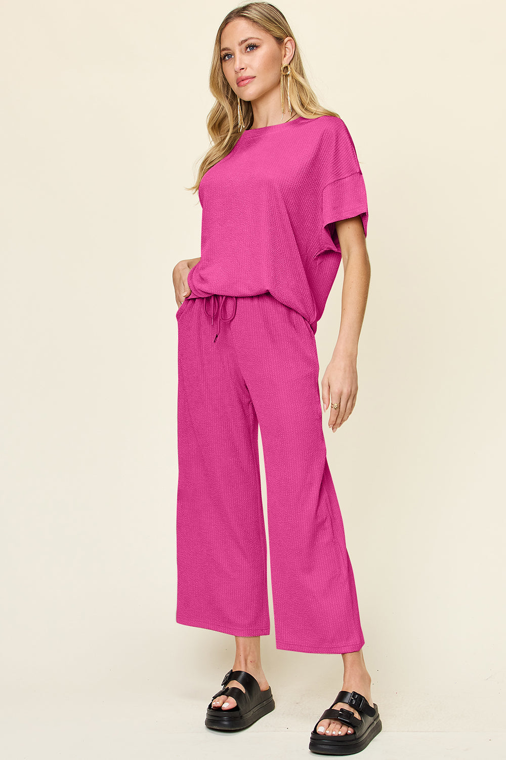 Double Take Full Size Texture Round Neck Short Sleeve T-Shirt and Wide Leg Pants - felvior