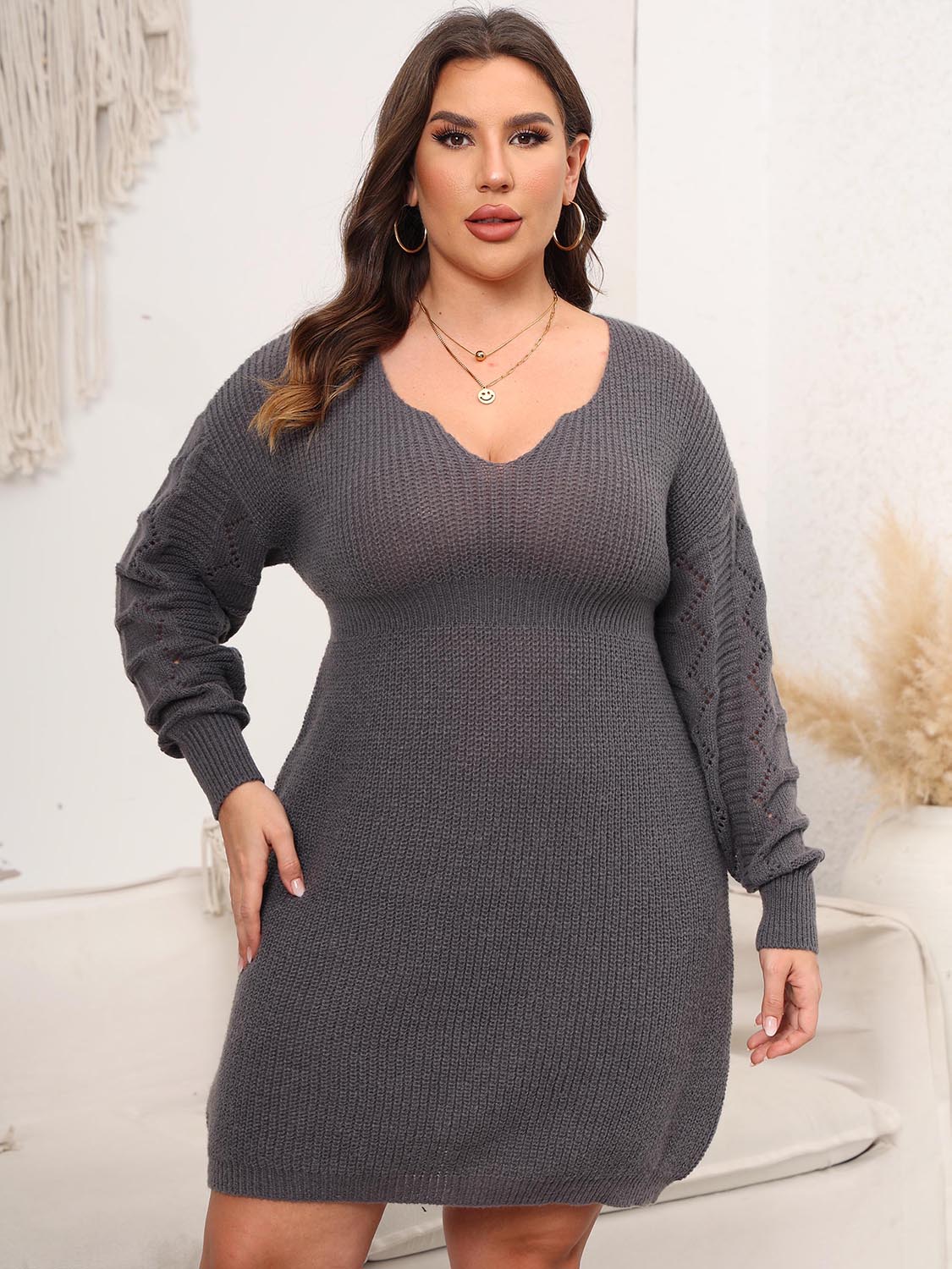 Plus Size Dropped Shoulder Long Sleeve Knit Mini Dress - felvior