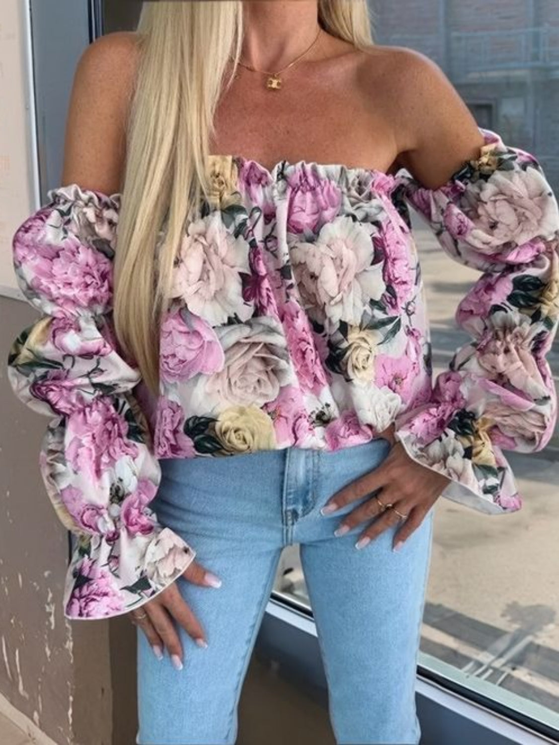 Printed Off-Shoulder Flounce Sleeve Blouse - felvior
