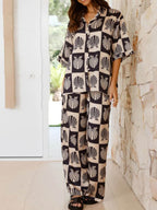 Printed Collared Neck Top and Wide Leg Pants Set