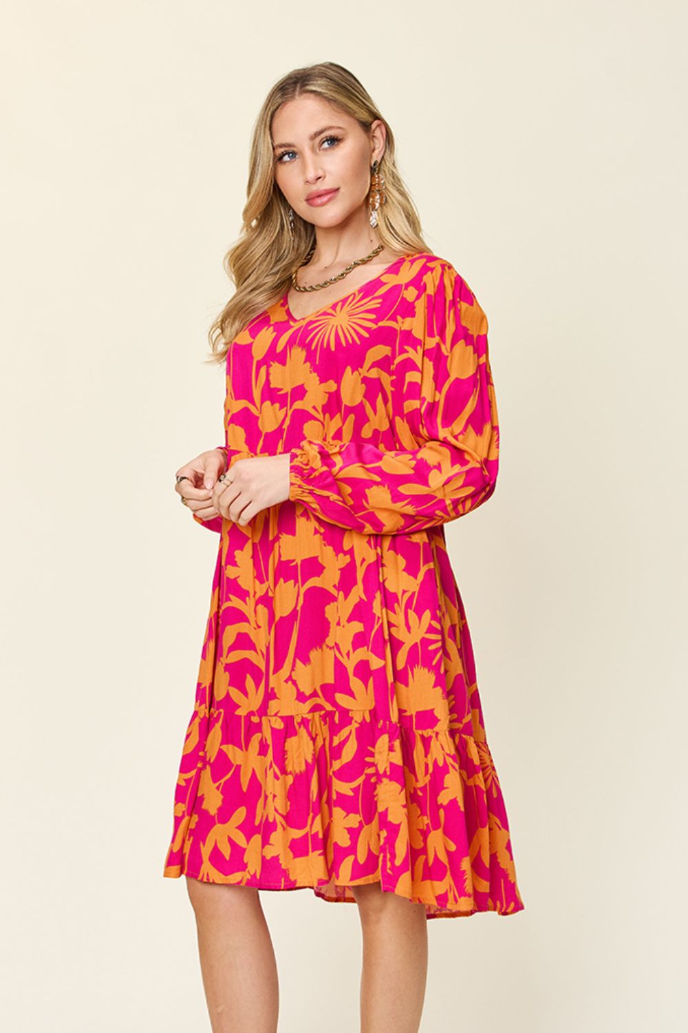 Double Take Full Size Printed Ruffle Hem Dress with Pocket - felvior
