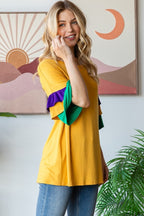 Heimish Full Size Round Neck Color Block Ruffled Half Sleeve Top Plus Size