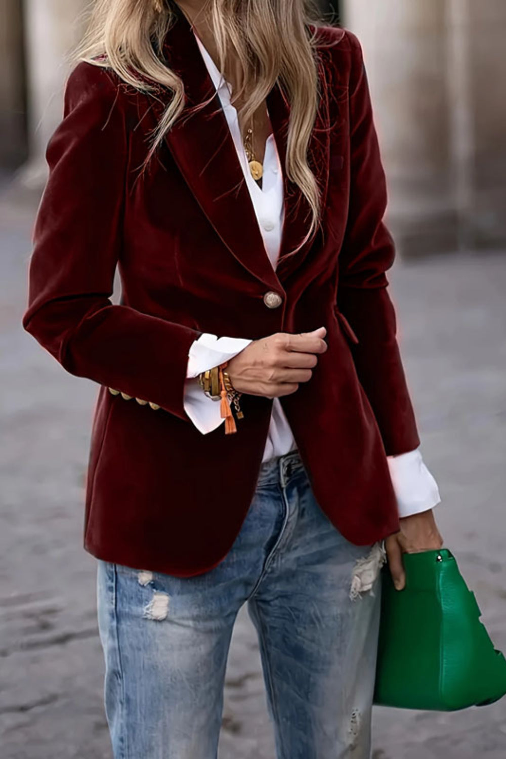 One Button Lapel Collar Long Sleeve Blazer - felvior