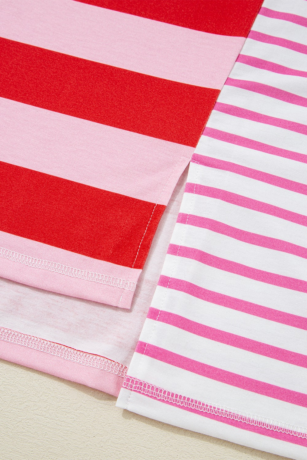 Stripe Side Slit Round Neck T-Shirt