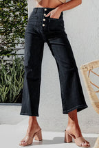 Button Fly Cropped Wide Leg Jeans