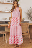Mixed Print Tie-Neck Sleeveless Maxi Dress - felvior