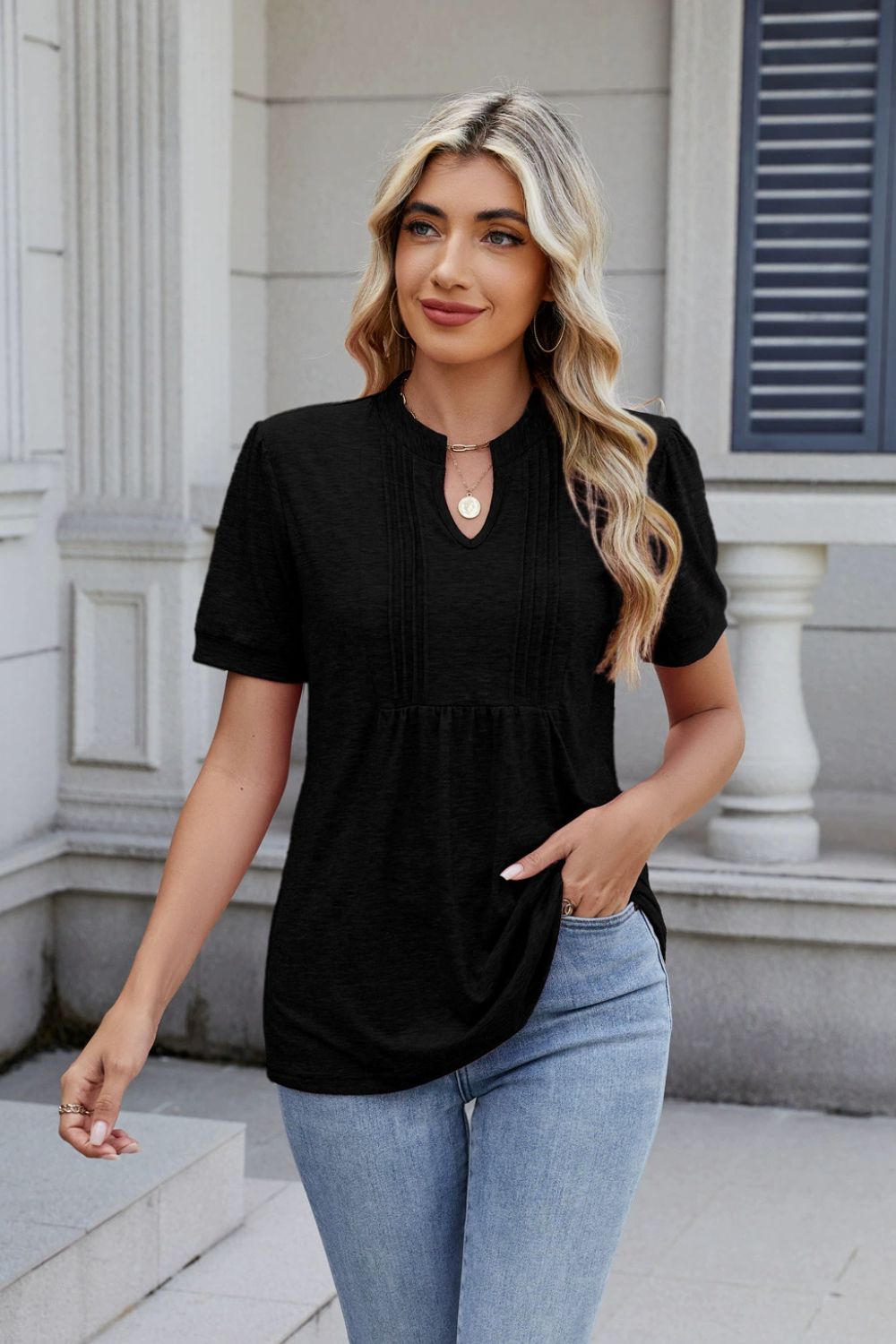 Notched Short Sleeve Top