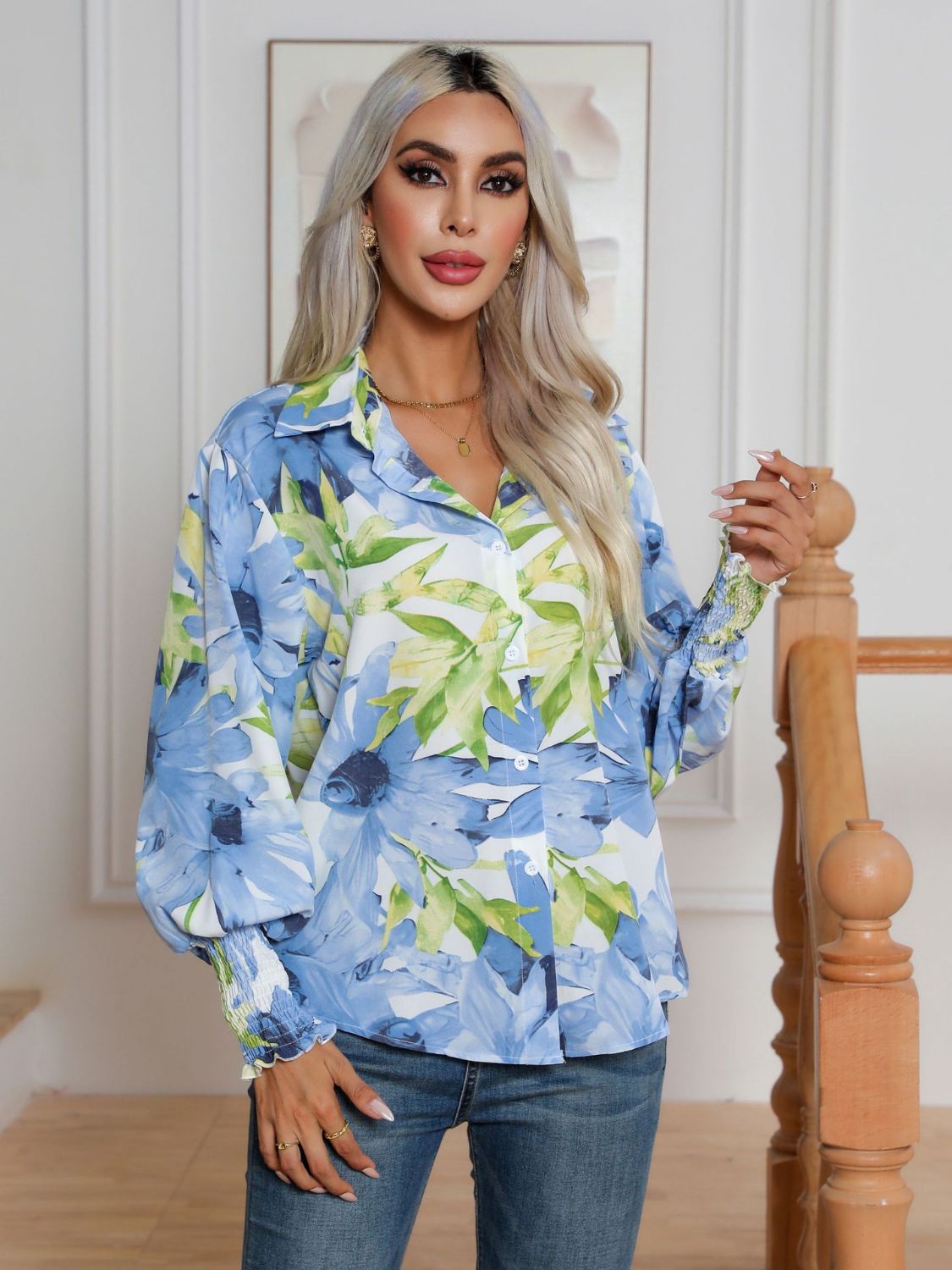 Button Down Printed Long Sleeve Shirt - felvior